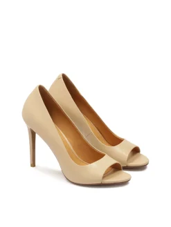 Beżowe skórzane czółenka peep toe na wysokim obcasie