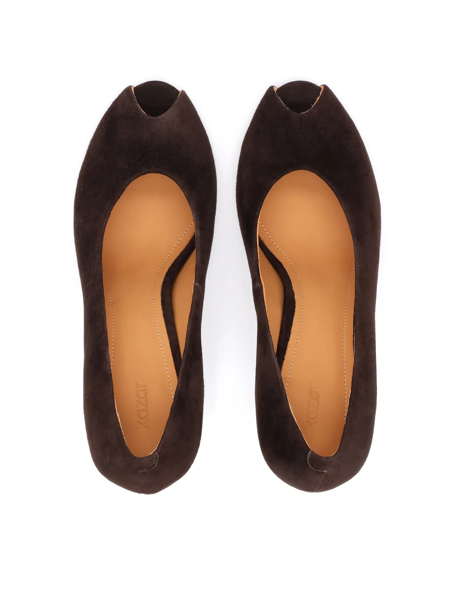 Brązowe czółenka peep toe z zamszu