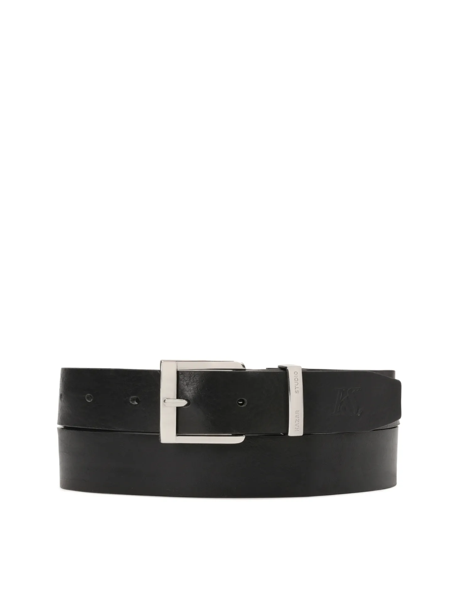 Czarny pasek z logowaną srebrną klamrą unisex